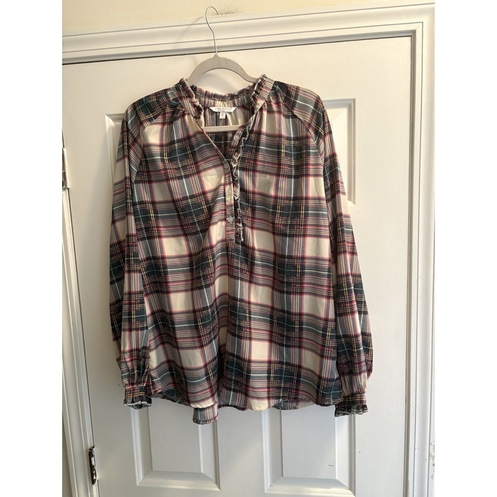 Simply Southern Medium Plaid Tunic Blouse – Holiday Chic - Long Sleeve - Ruffle